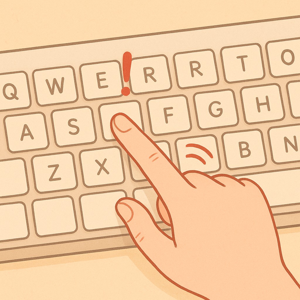 키보드 위에 손가락이 오타를 치는 순간을 포착한 일러스트, 유쾌한 분위기
