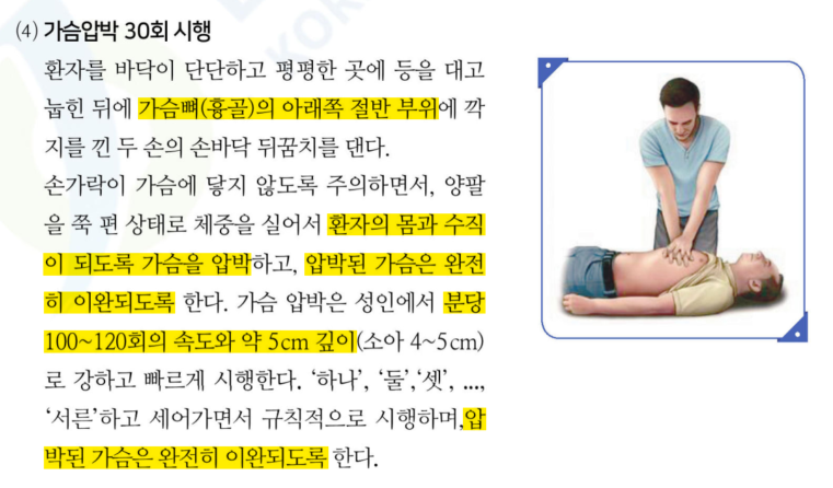 성인심폐소생술 중 중요한 가슴압박에 대한 이미지와 설명-소방안전관리자 교재 발췌