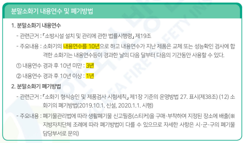 분말소화기 내용연수 10년과 성능확인 주기(3년·1년), 폐기방법 안내 자료 화면