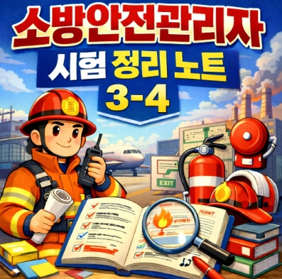 소방안전관리자 시험 정리 노트 3-4 썸네일 일러스트, 소방관 캐릭터와 소화기·헬멧·체크리스트 교재 이미지
